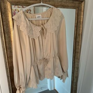 Reformation Cream Lace-Trim Peplum Blouse